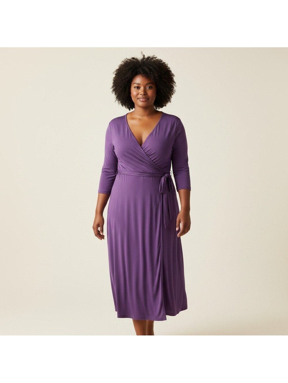 Venezia Wrap Dress Women 18/20 Plus Purple Midi 3/4 Sleeve Belted Tasseled